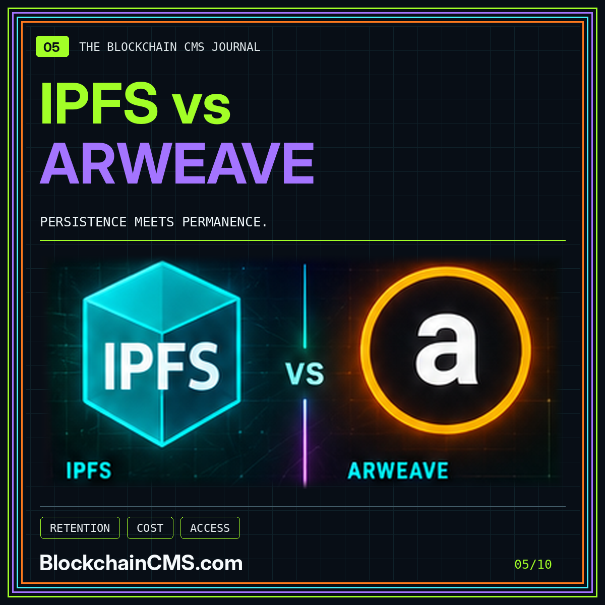 Arweave vs IPFS for publishing — neon typography and illustrative technology marks, BlockchainCMS.com