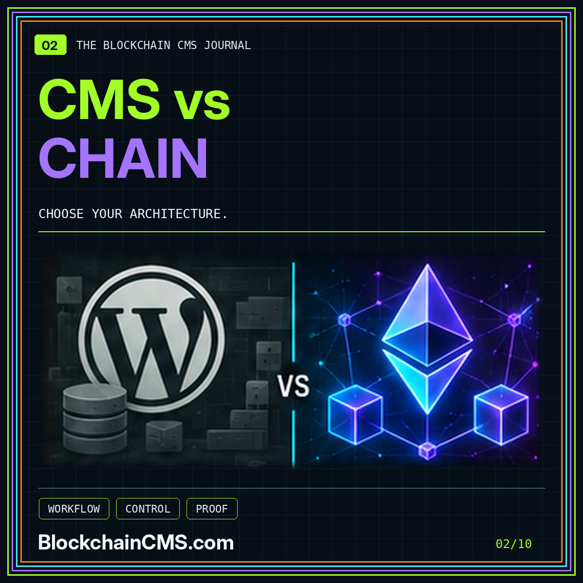 Blockchain CMS vs traditional CMS — neon typography and illustrative technology marks, BlockchainCMS.com