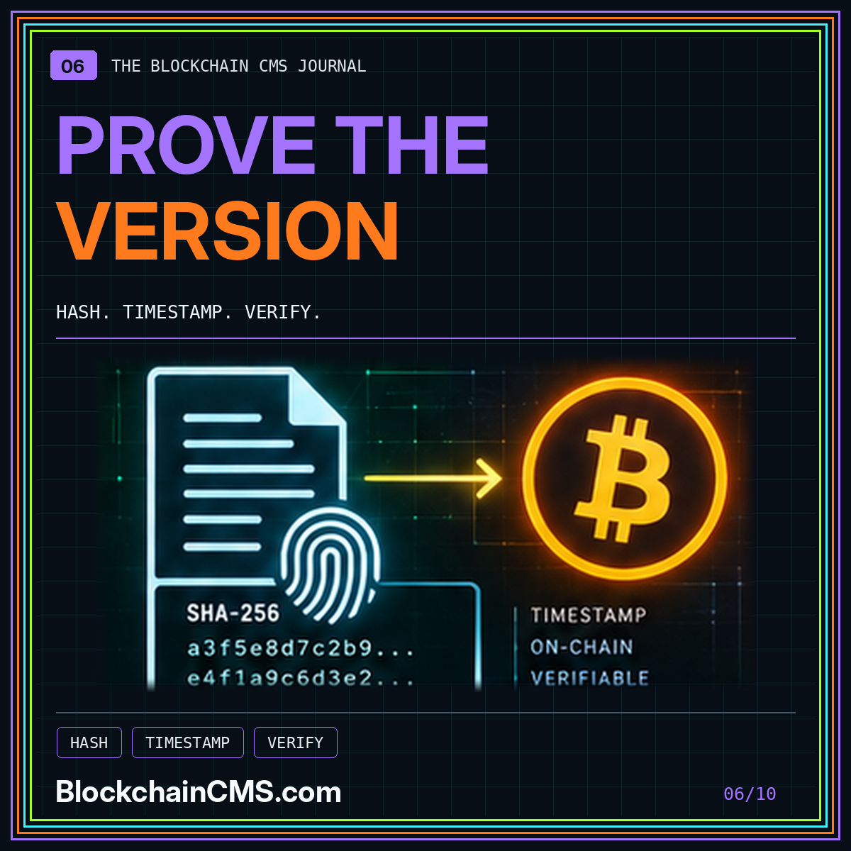 Prove the version, not the story — neon typography and illustrative technology marks, BlockchainCMS.com