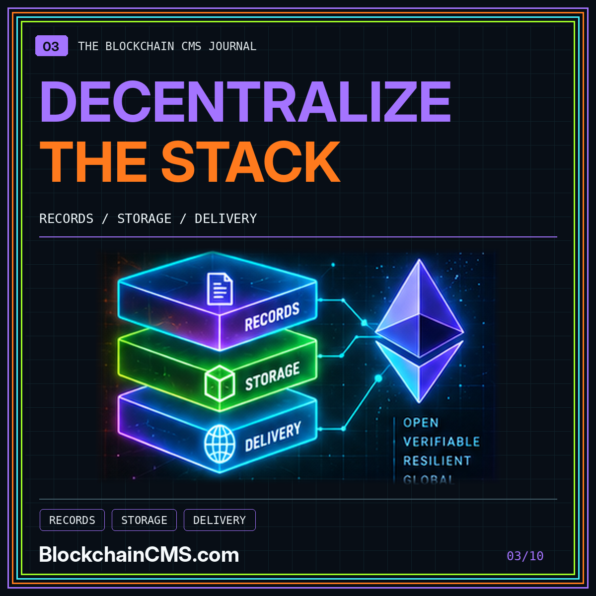 Decentralize the publishing stack — neon typography and illustrative technology marks, BlockchainCMS.com