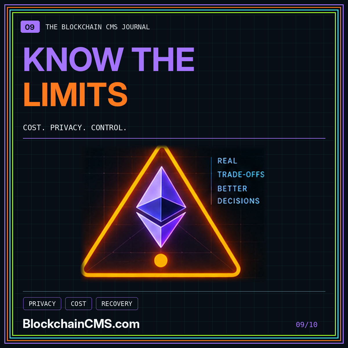 Know the limits of blockchain CMS — neon typography and illustrative technology marks, BlockchainCMS.com