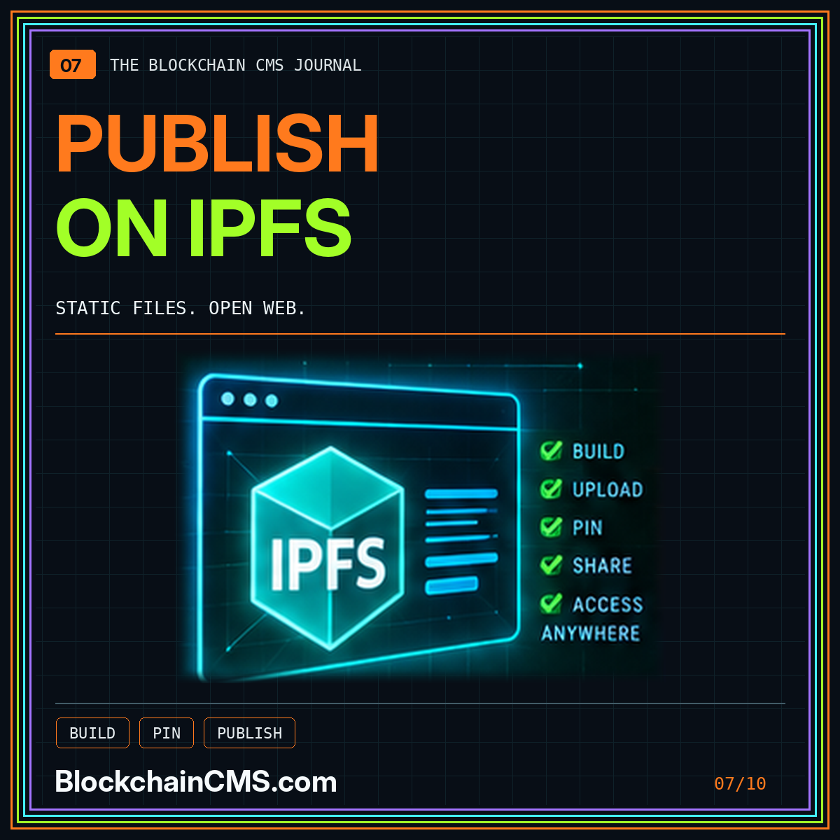 Publish a static website on IPFS — neon typography and illustrative technology marks, BlockchainCMS.com