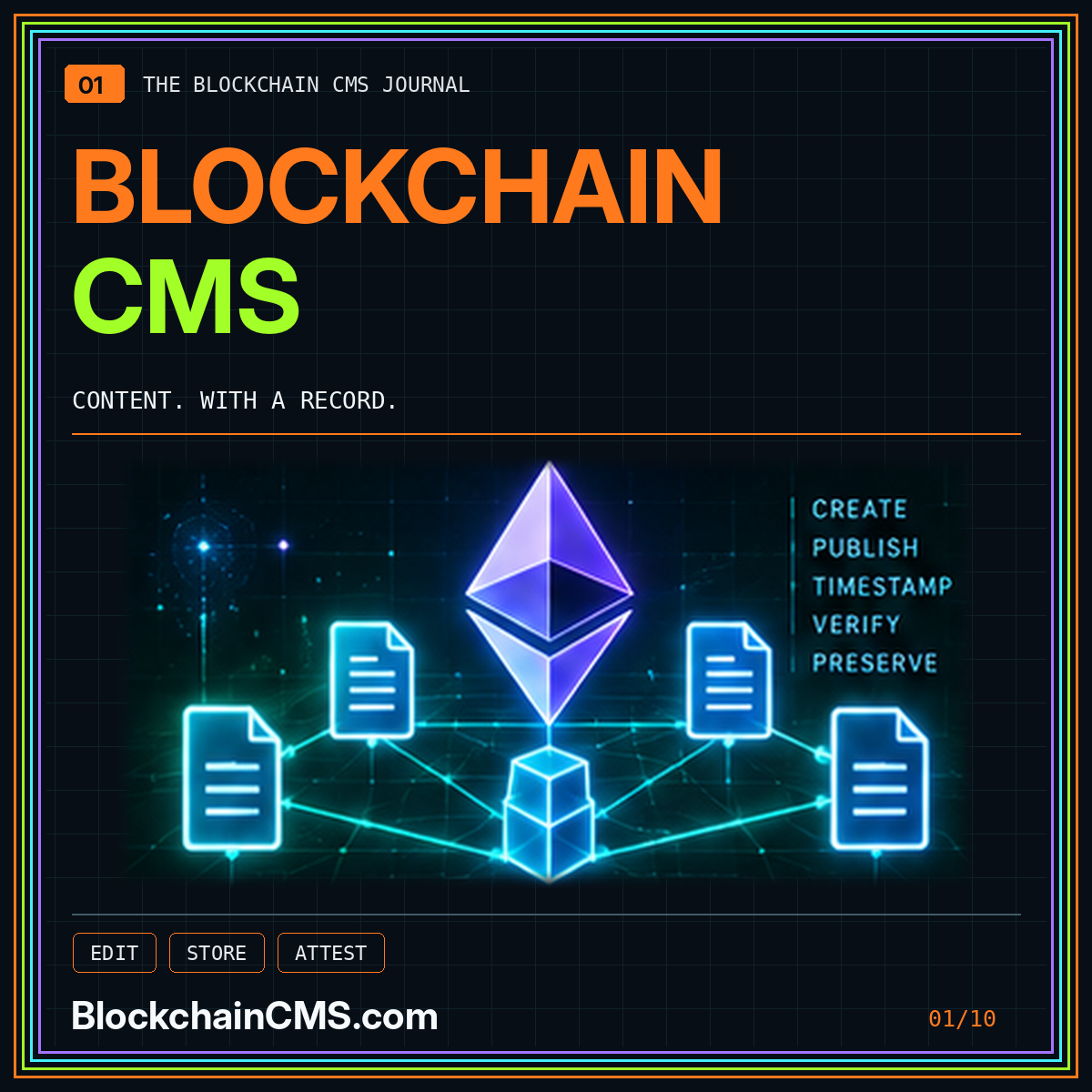What is a blockchain CMS? — neon typography and illustrative technology marks, BlockchainCMS.com
