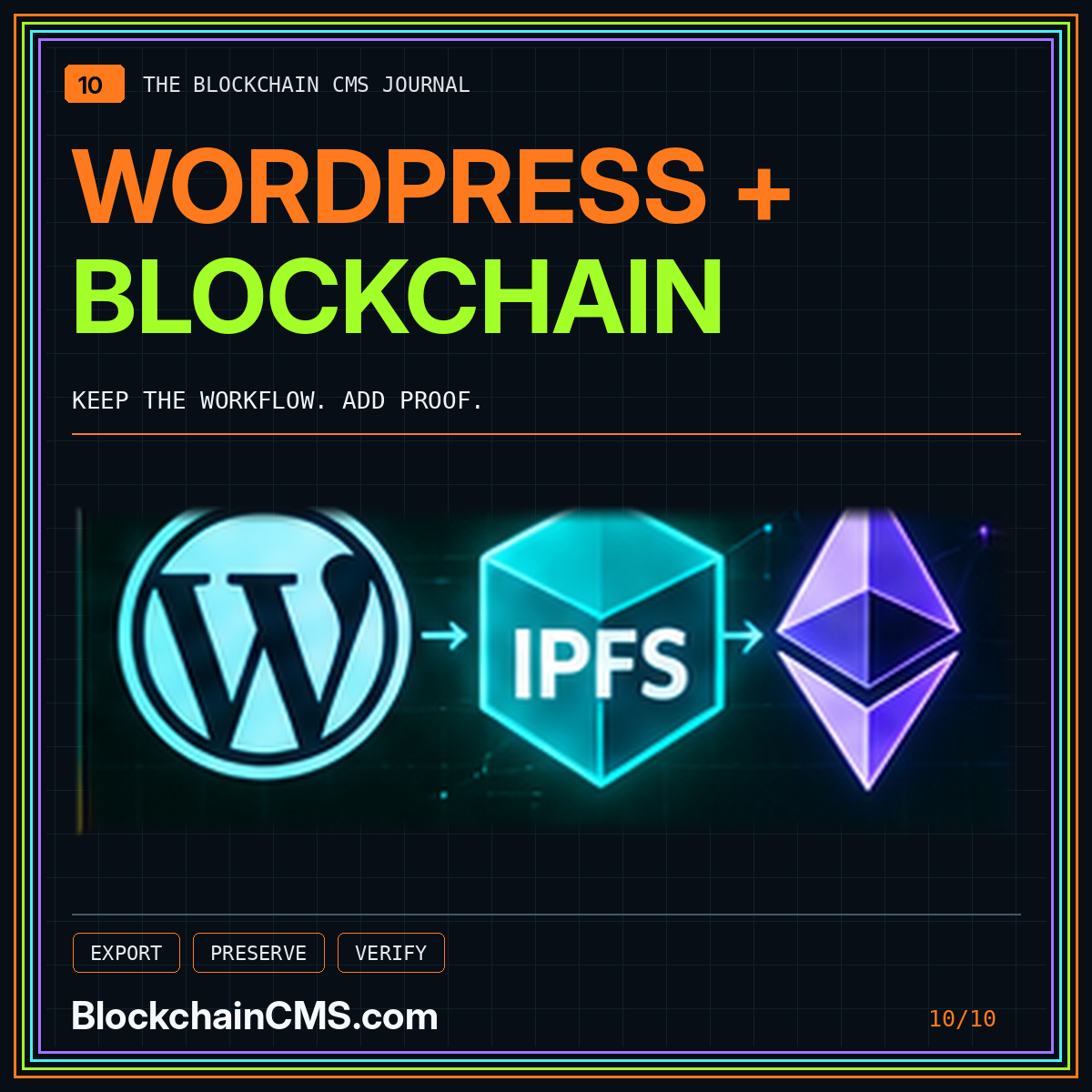 WordPress meets blockchain — neon typography and illustrative technology marks, BlockchainCMS.com